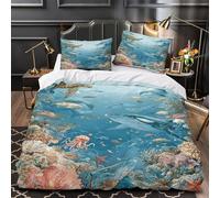 Ocean Life Scene Comforter Cover 3D Design Printed Durable 3 Pcs Bedding Set Zipper Marine Wildlife Illustration Duvet Cover Luxury Washable for Kids Girls Boys Adults Women Teens Single（135x200cm）