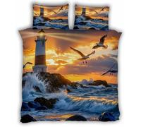 Ocean Lighthouse King Size Duvet Cover Sets Sunset Nautical Bedding Set 3D Print Soft Microfiber Quilt Covers 230x220 cm with Zipper Closure and 2 Pillowcases 50x75 cm for Adults L.3742
