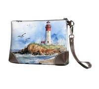 Ocean Lighthouse Leather Clutch Bag for Women, Sea Wristlet Purse with Detachable Strap Evening Handbag, Ladies Long Wallet for Wedding Party Travel Business