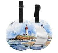 Ocean Lighthouse Round Luggage Tag Sea PU Leather Travel Bag Tag ID Labels Name Card Holder wtih Buckle for Luggage Suitcase Backpacks
