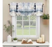 Ocean Lighthouse Valances for Windows, Nautical Coastal Watercolor Sea Waves Foggy White Rod Pocket Valance Short Window Treatments Curtains for Kitchen Bathroom Bedroom Decor, 60 x 18 Inches