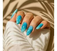 Ocean Marble Press On Nails Medium Oval Blue White Gradient - 24PCS Set with Glossy Crystal Effect & Nail, File and Wooden Stick for Women Summer Beach Pool Vacation Party Events