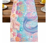 Ocean Marine Life Table Runner, Watercolor Pink Fish Tails Starfish Sea Nut Seagrass Cotton and Table Linen Runner for Kitchen Dining Home Decor for Party Festival Holiday Decoration Gift 14x72in