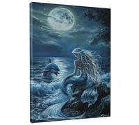 Ocean Mermaid Canvas Wall Art, Blue Silver Fantasy Print, Dreamy Home Aesthetic Decor For Living Room, Bedroom, Bathroom, Dorm, Unframed 16x20 Inch