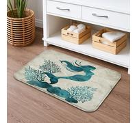 Ocean Mermaid Quick Dry Bath Mat, Teal Coral Pattern Absorbent Non Slip Shower Mat, Summer Coastal Washable Bath Rugs for Bathroom Toilet Restroom Decorative 16x24 Inch