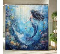Ocean Mermaid Shower Curtain, Blue Aquatic Fish Bathroom Decor for Summer Fun, Fantasy Underwater Art Waterproof Fabric Bath Curtain Set with Hooks 62x72 Inch