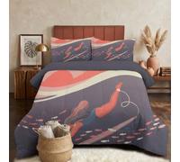 Ocean Minimalist Illustration Comforter Sets for Teens Adult - Surfers Shoals Of Fish Comforter Set Single Size with Coral Red Bedding, All Season Bedroom Down Duvet - 1 Quilt with 1 Pillowcases