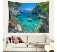 Ocean Mountain Blue Sky Sea View vinyl banner, vibrant turquoise water and rock cliff design, home decoration 200x140CM