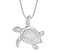 Ocean Necklace, Silver Pendant Necklace for Women with Created Opal Starfish Turtle Necklace Jewelry Gift for Her Christmas Day, Brass, Created Opal