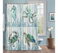 Ocean Octopus Seahorse Crab Turtle Shower Curtain with 12 Hooks Nautical Sea Blue Green Seaweed Waterproof Fabric Shower Curtains Sets for Bathroom Bath Decorations, Machine Washable, 72"x78"