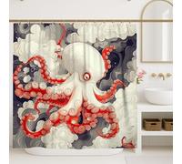 Ocean Octopus Shower Curtain, Colorful Red White Grey Nautical Bathroom Decor, Summer Beach Tropical Art Waterproof Fabric Shower Curtain with Hooks 72x72 Inch