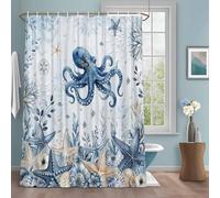 Ocean Octopus Shower Curtain with 12 Hooks Blue Yellow Sea Star Shell Coral Blue Waterproof Fabric Shower Curtains Sets for Bathroom Bath Decorations, Machine Washable, 36"x72"