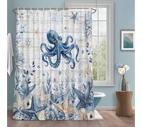 Ocean Octopus Shower Curtain with 12 Hooks Blue Yellow Sea Star Shell Coral White Wood Grain Waterproof Fabric Shower Curtains Sets for Bathroom Bath Decorations, Machine Washable, 54"x78"