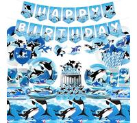 Ocean Orca Party Decorations - Orca Happy Birthday Banner, Cake Toppers, Tableware, Tablecloth and Balloons for Killer Whales Party Supplies Under The Sea, Serves 20