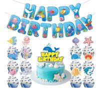 Ocean Party Decorations Set, Happy Birthday Under The Sea Theme Include 1 Happy Birthday Banner + 1 Cake Topper + 12 Cupcake Toppers for Kids Boys Girls Party Supplies