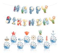 Ocean Party Decorations Set, Happy Birthday Under The Sea Theme Party Supplies Include Starfish Whale Shells Happy Birthday Banner Cupcake Toppers for Kids Boys Girls Birthdays Party Supplies
