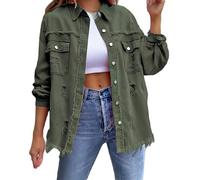 Ocean Plus Women's Autumn Button Placket Blouses Fur Hole Denim Jacket Long Sleeve Casual Lapel Top Shirt Washed Long Sleeve Denim Jacket (XXL, Olive-Green)