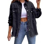 Ocean Plus Women's Autumn Button Placket Blouses Fur Hole Denim Jacket Long Sleeve Casual Lapel Top Shirt Washed Long Sleeve Denim Jacket (XXL, Black)