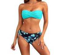 Ocean Plus Women's Bandeau Cross Design Padded Bikini Set Strapless Push Up Halterneck Bikini with Lace Design, Small Sky Blue Flowers, XXL