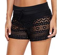 Ocean Plus Women's Crochet Lace Swim Shorts Elegant Bikini Shorts Tankini Bottoms Overlay Hotpants Panty Boxer Plus Size Swimwear Beach Shorts (XXL (UK 16-18), Black)