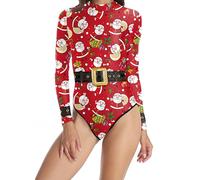 Ocean Plus Women's Digital Print Stand Collar Long Sleeve Fitted Swimsuit One-Piece Swimsuit with Zipper Monkini (S/M (Length: 72 cm), Christmas Snowman)