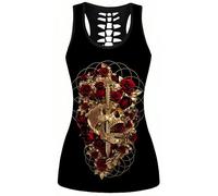 Ocean Plus Women's Skull Sport Tops Gothic Tank Top Sleeveless Workout Vest Criss Cross Shirt Halloween Quick Dry Running Shirt (XXL (Chest: 104 cm), Red Roses and Golden Skull)