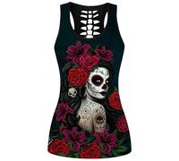 Ocean Plus Women's Skull Sport Tops Gothic Tank Top Sleeveless Workout Vest Criss Cross Shirt Halloween Quick Dry Running Shirt (XXL (Chest: 104 cm), Big Red Flowers Ghost Woman)