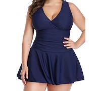 Ocean Plus Women's Swimsuit with Swim Shorts Figure-Shaping Large Size Swimsuit with Straps Backless Conservative Printed Skirt Swimwear with Boxer (3XL (UK 18-20), Navy Blue)