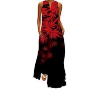 Ocean Plus Women's V-Neck with Pockets Large Swing Sleeveless Long Skirt Vintage Floral Print Dress (4XL, Red Leaves)