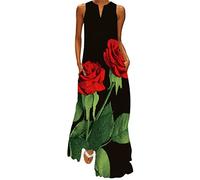 Ocean Plus Women's V-Neck with Pockets Large Swing Sleeveless Long Skirt Vintage Floral Print Dress (XXL, Two red Roses)