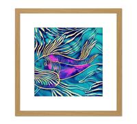 Ocean Purple Blue Fish Aquarium Ocean Fish Watercolour Square Wooden Framed Wall Art Print Picture 8X8 Inch Artery8 Light Oak One Size