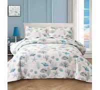 Ocean Quilt Set King Size Coastal Beach Theme Bedding Lightweight Reversible Starfish Seashell Conch Bedspread Coverlet Seaweed Coral Bed Cover with 2 Pillow Shams