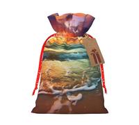 Ocean Rainbow Beach Sunset or Sunrise Christmas Gift Bags with Tags & Ribbon Ties, Xmas Drawstring Candy Treat Bag Christmas Gifts Sacks Reusable Gift Wrapping Bags for Holiday Party Favors Small