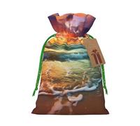 Ocean Rainbow Beach Sunset or Sunrise Christmas Gift Bags with Tags & Ribbon Ties, Xmas Drawstring Candy Treat Bag Christmas Gifts Sacks Reusable Gift Wrapping Bags for Holiday Party Favors Medium