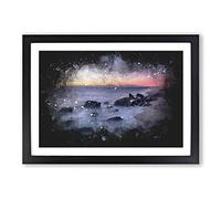 Ocean Reaching The Beach at Sunset Paint Splash Framed Print | A2 Black Framed Wall Art | Ready to Hang | Modern Beach Picture | Living Room Bedroom Lounge Office