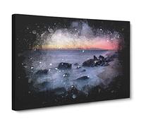 Ocean Reaching The Beach At Sunset Paint Splash Modern Art Canvas Wall Art Print Ready to Hang, Framed Picture for Living Room Bedroom Home Office Décor, 24x16 Inch (60x40 cm)