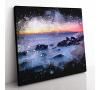 Ocean Reaching the Beach at Sunset Paint Splash Modern Canvas Wall Art Print Ready to Hang, Framed Picture for Living Room Bedroom Home Office Décor, 35x35 cm (14x14 Inch)