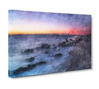 Ocean Reaching The Beach At Sunset Painting Modern Art Canvas Wall Art Print Ready to Hang, Framed Picture for Living Room Bedroom Home Office Décor, 20x14 Inch (50x35 cm)