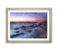 Ocean Reaching The Beach At Sunset Painting Modern Art Framed Wall Art Print, Ready to Hang Picture for Living Room Bedroom Home Office Décor, Oak A3 (46 x 34 cm)