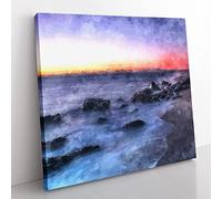 Ocean Reaching the Beach at Sunset Painting Modern Canvas Wall Art Print Ready to Hang, Framed Picture for Living Room Bedroom Home Office Décor, 35x35 cm (14x14 Inch)