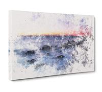 Ocean Reaching the Beach at Sunset Watercolour Canvas Print for Living Room Bedroom Home Office Décor, Wall Art Picture Ready to Hang, 30 x 20 Inch (76 x 50 cm)