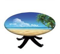 Ocean Round Tablecloth with Elastic Edge, Palm Tree Leaves in The Tropical Sand Beach Sea Landscape Graphic Print, Suitable for Restaurant Kitchen Parties, Fit for 24" Table, Cream Green