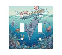 Ocean Russian Blue Cat Diving Decorative Light Switch Cover Wall Plate 2 Gang Double Toggle, Summer Kitten Sea Coastal Electrical Switchplate, Underwater Print Electrical Faceplate for Room