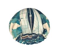 Ocean Sailboat Reusable Shower Cap for Women, Double Waterproof Layers Bath Hat, Hair Treatment Essentials