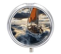 Ocean Sailboat Round Pill Box 3 Compartment Small Pill Box Round Portable Pill Case to Hold Vitamins Medication Fish Oil and Supplements Travel Purse Pocket Gift