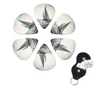 Ocean Sailing Guitar Picks 6 Pack, 0.71mm Thickness Celluloid Bass Pick with Leather Guitar Pick Holder Keychain Abstract Art Pics Plectrum for Acoustic Electric Guitar, Ukulele, Bass