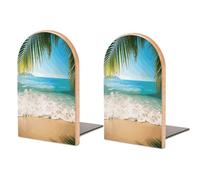 Ocean Sea Beach Palm Leaves Bookends 1 Pair Non-Skid Wood Bookends Heavy Duty Bookend Metal Adjustable Book Stopper Personalized Modern Book Ends for Home Office Reading Room