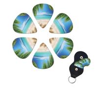 Ocean Sea Beach Palm Leaves Guitar Picks 6 Pack, 0.71mm Thickness Celluloid Bass Pick with Leather Guitar Pick Holder Keychain Abstract Art Pics Plectrum for Acoustic Electric Guitar, Ukulele, Bass