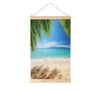 Ocean Sea Beach Palm Leaves Poster Wooden Shaft Hanging Posters Modern Wall Art Prints Vintage Wall Banner Canvas Artwork with Wood Frames Scroll Paintings for Home Decor Ready to Hang 16"x24"