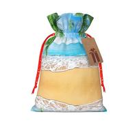 Ocean Sea Beach Palm Leaves Print Festive Red Drawstring Bag, Small Favors Pouch Ideal For Christmas Party Gifting-S Size